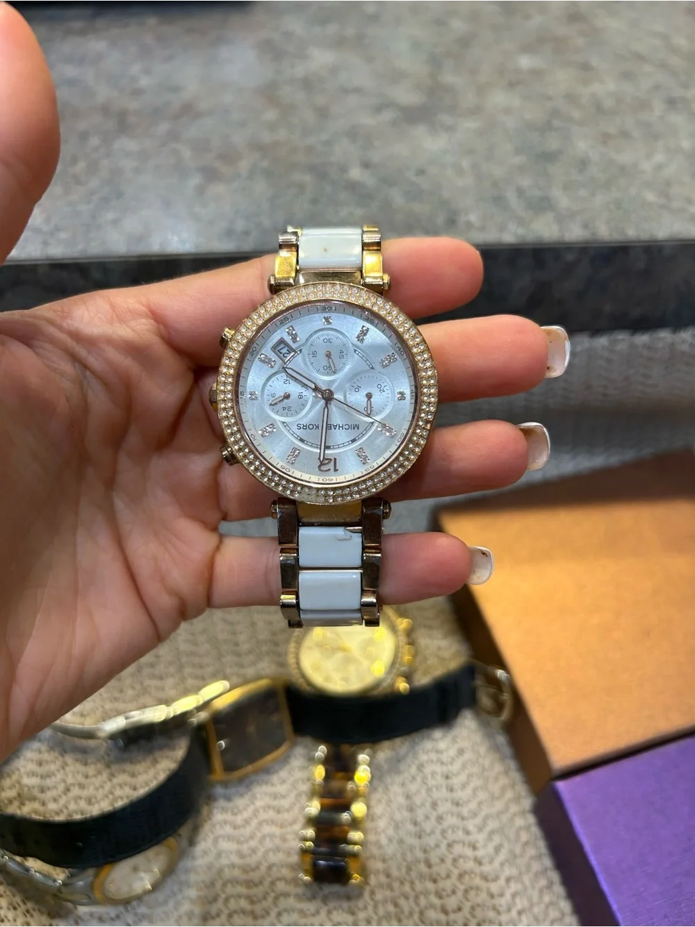Michael Kors White and Gold Ceramic-Link Crystal Bezel Watch